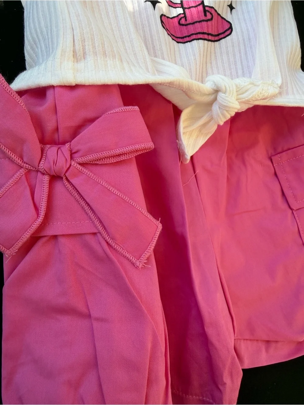 Girls White Ribbed Tank with Pink Microphone Graphic & Hot Pink Shorts
